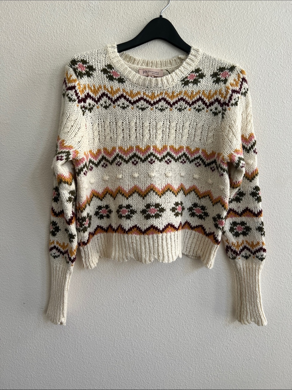 PHILOSOPHY Crewneck Textured Sweater Scalloped Hem Cream/Multi Floral Knit M